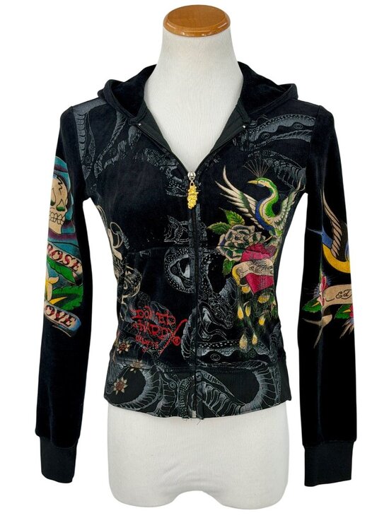 Ed Hardy Tops - VTG Ed Hardy Black Velour Zip Up Tattoo Hoodie | McBling Indie Sleaze Trashy Y2K